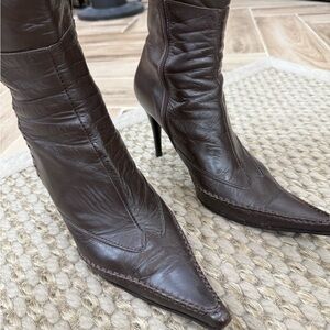 Women’s Popushier Leather Coffee Ankle Boots Stiletto Heel Pointed Toe